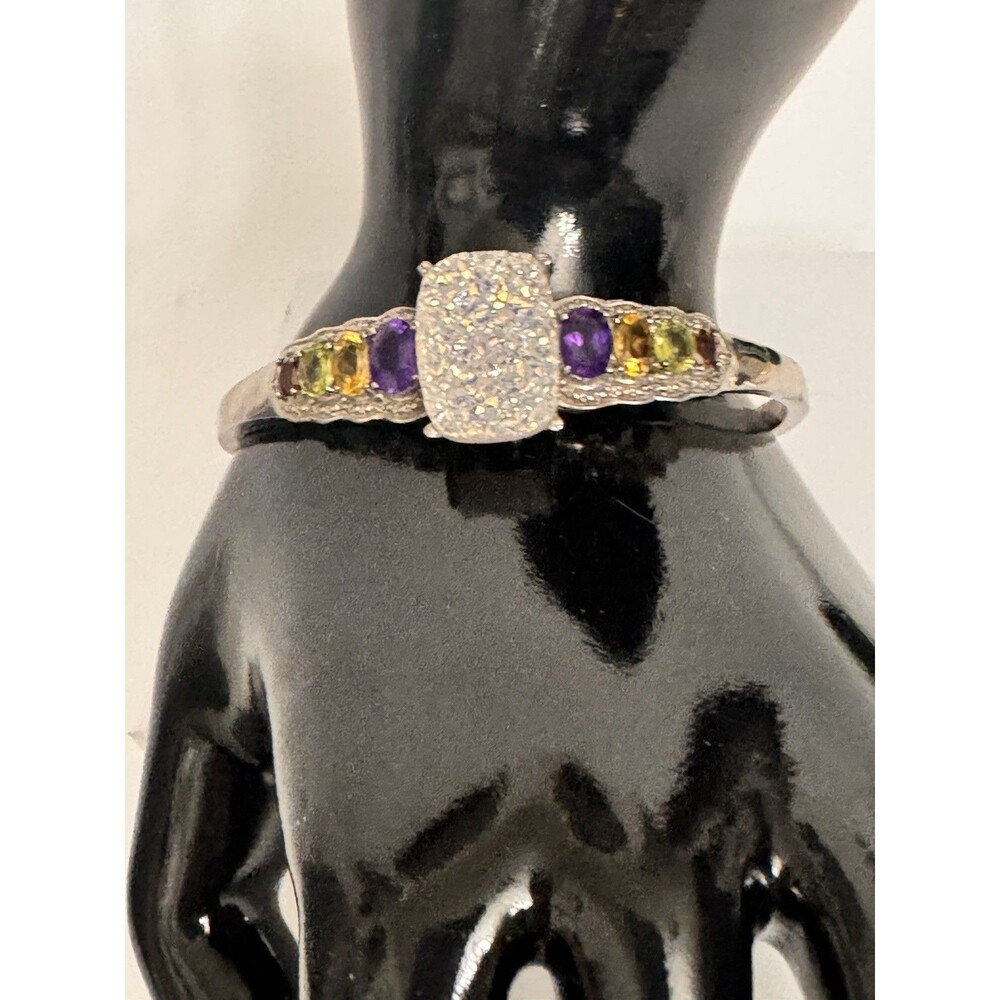 Multicolor CZ Gemstone Ring Pave Center Silvertone Size 7 Sparkling Vintage